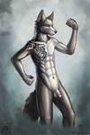  anthro balls canine ear_piercing eyebrow_piercing facial_piercing flaccid imiak male mammal muscles nude penis piercing pose solo tattoo wolf zach 