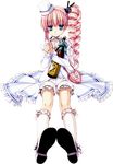  bloomers blue_eyes bobby_socks bottle chris_(kore_wa_zombie_desu_ka?) dress drill_hair flat_chest frills kobuichi kore_wa_zombie_desu_ka? lolita_fashion official_art pink_hair pipe sake_bottle sitting socks underwear 