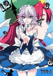  blue_eyes braid hat holding hong_meiling izayoi_sakuya maid maid_headdress multiple_girls outstretched_arms red_hair silver_hair sketch smile star stopwatch tima touhou twin_braids watch 