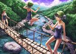  arm_support bad_id bad_pixiv_id bare_legs bare_shoulders barefoot blue_eyes blue_hair bridge brown_hair can dark_haired_kappa forest glasses glasses_kappa hair_bobbles hair_ornament hanging_bridge holding jumping kappa_mob kawashiro_nitori kurione_(zassou) lying multiple_girls nature one-piece_swimsuit outstretched_arms pocari_sweat ponytail product_placement river rope_bridge scenery school_swimsuit short_hair soda_can swimsuit tent touhou two_side_up water 