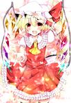  ascot blonde_hair blush crystal fang flandre_scarlet frills hat hat_ribbon highres kurekore open_mouth puffy_sleeves red_eyes ribbon salute short_hair short_sleeves side_ponytail solo touhou wings wrist_cuffs 