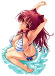  armpits arms_behind_head arms_up barefoot bikini breasts brown_eyes feet highres kousaka_tamaki large_breasts red_hair sideboob solo striped striped_bikini swimsuit to_heart_2 yamaguchi_homupe 