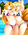  animal_ears armpits arms_up bad_id bad_pixiv_id bikini blonde_hair blush breast_press breasts cleavage cuffs fox_ears fox_tail horn hoshiguma_yuugi large_breasts long_hair multiple_girls navel no_hat no_headwear one_eye_closed red_eyes shackles shinoji_(shin_status) short_hair side-tie_bikini swimsuit tail touhou very_long_hair yakumo_ran 