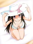  bikini black_hair breasts chitanda_eru cleavage downblouse from_above hat hyouka large_breasts long_hair nishi_kita purple_eyes sitting swimsuit wariza 