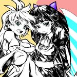  earrings foreshortening jewelry jitome left-handed long_hair lowres monochrome multiple_girls no_nose open_mouth panty_&amp;_stocking_with_garterbelt panty_(psg) stocking_(psg) sword watata13 weapon 