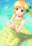  1girl :d aiba_yumi blonde_hair breasts brown_eyes cleavage collarbone day dress eyebrows_visible_through_hair flower green_flower hair_flower hair_ornament highres holding holding_flower idolmaster idolmaster_cinderella_girls jewelry kurageso medium_breasts necklace open_mouth outdoors short_dress short_hair sitting sleeveless sleeveless_dress smile solo water wet wet_clothes wet_dress white_flower yellow_dress 