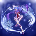  blue_eyes blue_hair corset dance_princess_of_the_ice_barrier duel_monster purple_scarf scarf short_twintails solo twintails usoutsuki weapon yuu-gi-ou 