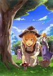  :d alice_margatroid all_fours bangs basket blonde_hair blue_eyes bow braid capelet closed_eyes cloud crescent dappled_sunlight day dress fly_agaric forest grass hairband hand_up hat hat_bow kirisame_marisa long_dress long_hair long_sleeves looking_at_another looking_back looking_down mob_cap multiple_girls mushroom mushroom_hunting nature open_mouth outdoors patchouli_knowledge profile purple_hair ribbon short_hair short_sleeves side_braid single_braid sitting sky smile standing sukocchi sunlight touhou tree wind witch_hat yellow_eyes 