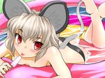  :p animal_ears barefoot bikini blush breasts brown_hair feet food grey_hair highres ishikkoro legs lying mouse_ears mouse_tail nazrin on_stomach open_mouth popsicle red_eyes short_hair small_breasts solo swimsuit tail tongue tongue_out topless touhou wading_pool water 