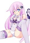  ;o absurdres bangs bare_shoulders bite_mark blue_eyes blush breasts choujigen_game_neptune_mk2 cleavage cleavage_cutout clenched_hands covered_navel elbow_gloves embarrassed gloves hair_between_eyes hair_ornament halterneck highres injury knee_up leotard long_hair looking_at_viewer magical_girl medium_breasts meimu_(infinity) nepgear neptune_(series) one_eye_closed open_mouth pink_hair power_symbol purple_sister scratches sidelocks simple_background sitting skindentation solo spread_legs symbol-shaped_pupils tears thighhighs turtleneck very_long_hair white_background white_legwear wince 