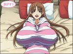 1girl animated animated_gif areolae bed bouncing_breasts breasts breasts_outside brown_eyes brown_hair eyes_closed female gigantic_breasts k.f.d kamisama_dolls long_hair lying navel nipples on_back open_mouth piero_(k.f.d) undressing 