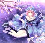  ankle_cuffs bad_id bad_pixiv_id barefoot branch breasts bug butterfly cherry_blossoms cleavage collarbone flower frills hat hitodama insect long_sleeves medium_breasts off_shoulder partially_submerged pink_eyes pink_hair saigyouji_yuyuko short_hair sitting solo touhou triangular_headpiece water wide_sleeves yokozuwari yuuna_minato 