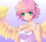  absurdres angel angel_wings bad_id bad_pixiv_id bare_shoulders feathered_wings green_hair harpy_(puyopuyo) highres interlocked_fingers kobanzame madou_monogatari pink_hair puyopuyo short_hair smile solo wings 