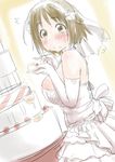  1girl :t blush breasts brown_eyes brown_hair cake dress elbow_gloves food food_on_face gloves idolmaster idolmaster_cinderella_girls large_breasts looking_back mimura_kanako short_hair sketch solo veil wedding_cake wedding_dress zanzi 