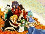  apron aqua_hair ascot blonde_hair bow braid brown_hair cirno closed_eyes detached_sleeves frog_hair_ornament green_hair hair_bow hair_ornament hair_ribbon hairband hakurei_reimu highres ice ice_wings kirisame_marisa kochiya_sanae konpaku_youmu konpaku_youmu_(ghost) leaf long_hair long_skirt long_sleeves mabui maple_leaf mary_janes mirror multiple_girls ponytail puffy_sleeves purple_hair ribbon rope sarashi shoes short_hair short_sleeves side_braid silver_hair single_braid skirt sleeping snake_hair_ornament touhou wide_sleeves wings yasaka_kanako 