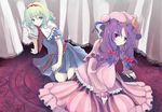  alice_margatroid alternate_hair_color bow capelet crescent green_eyes hair_bow hairband hat heri long_hair long_skirt long_sleeves multicolored_hair multiple_girls patchouli_knowledge puffy_sleeves purple_eyes purple_hair sash short_hair short_sleeves skirt touhou two-tone_hair 
