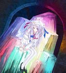  alternate_hair_color bow capelet crescent hair_bow hat heri long_hair long_sleeves patchouli_knowledge sitting solo thighhighs touhou white_hair white_legwear wide_sleeves 