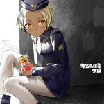  blackdahlia blonde_hair coffee dark_skin drawr flcl freckles hat kitsurubami necktie pantyhose short_hair smile ucc_coffee 