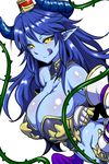  :q armor asmodeus_(shinrabanshou) blue_hair blue_skin breast_lift breasts clearite cleavage hat horns huge_breasts long_hair plant pointy_ears shinrabanshou simple_background slit_pupils solo tongue tongue_out vines white_background yellow_eyes 