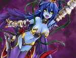  :d arm_up armor asmodeus_(shinrabanshou) blue_hair blue_skin breasts cleavage fang flower gauntlets haik hat horns large_breasts long_hair low_wings navel open_mouth plant pointy_ears purple_legwear rose shinrabanshou smile solo thighhighs vines wings yellow_eyes 