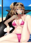  arm_support beach bikini blonde_hair blue_eyes breasts cameltoe cleavage day eyewear_on_head food hair_ornament kai_(link2262) large_breasts leg_up legs lips long_legs looking_at_viewer navel ocean orca original outdoors parted_lips partially_visible_vulva pink_bikini popsicle side_ponytail sitting solo spread_legs sunglasses swimsuit thighs underboob water 