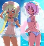  ass bad_id bad_pixiv_id bikini blue_eyes butt_crack cloud day green_hair hat innertube komeiji_koishi komeiji_satori looking_at_viewer multiple_girls numako pink_hair red_eyes short_hair siblings sisters sky swimsuit tan tanline third_eye touhou 