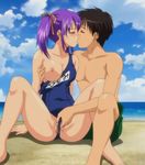  1boy 1girl animated animated_gif censored fondling groping hitomi_(school_i) kiss kissing male nipples penis purple_hair pussy school_i school_swimsuit sex swimsuit 