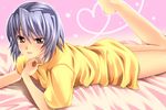  amasora_taichi blush brown_eyes kayuu koihime_musou lavender_hair leg_up lips lying on_stomach short_hair smile solo 