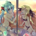  bad_id bad_pixiv_id bikini breasts cat crossover drink drinking_straw fate_testarossa feeding food hatsune_miku kaima long_hair lyrical_nanoha mahou_shoujo_lyrical_nanoha medium_breasts multiple_girls small_breasts smile swimsuit table vocaloid 