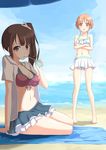  bare_shoulders barefoot beach beach_towel beach_umbrella bikini breasts brown_eyes brown_hair cleavage crossed_arms day drink drinking_straw hood hoodie kuro_(be_ok) looking_at_viewer medium_breasts miyamoto_konatsu multiple_girls navel okita_sawa orange_eyes orange_hair outdoors shade side_ponytail sitting skirt sky swimsuit tari_tari towel umbrella water yokozuwari 