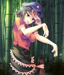  bamboo beret black_eyes black_hair china_dress chinese_clothes dress forest hat maki_(seventh_heaven_maxion) miyako_yoshika nature ofuda outstretched_arms short_hair solo star tongue touhou waling zombie_pose 