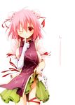  ;d bandages blush breasts bun_cover chinese_clothes cuffs double_bun finger_to_mouth flower ibaraki_kasen kurikara large_breasts no_panties one_eye_closed open_mouth pink_eyes pink_hair red_eyes ribbon rose shackles short_hair skirt skirt_lift smile solo tabard touhou white_background 