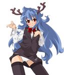  antlers blue_hair blush bow christmas formal long_hair original panties pantyshot red_eyes solo thighhighs underwear yamazaki_kazu 