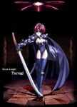  armor artist_request breasts cape cleavage copyright_request medium_breasts red_hair shield short_hair solo sword thighhighs weapon 