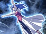  aura blaze_of_destiny_iii blue_hair closed_eyes dress dutch_angle game_cg glowing long_hair ninozen outstretched_arms rain solo storm 