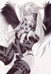  breasts chibi cleavage elbow_gloves final_fantasy final_fantasy_tactics gloves greyscale hal_(goshujinomocha) head_wings hug long_hair lowres monochrome small_breasts thighhighs time_paradox ultima_(fft) wings 