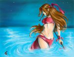  aerith_gainsborough artist_request bikini brown_hair final_fantasy final_fantasy_vii headband long_hair midriff red_sarong sarong solo staff strapless swimsuit tubetop very_long_hair wading water 