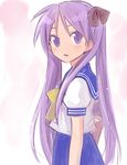  blue_skirt face ha-ru hair_ribbon hiiragi_kagami long_hair looking_back lucky_star pleated_skirt purple_eyes purple_hair ribbon ryouou_school_uniform school_uniform serafuku skirt solo tsurime twintails yellow_neckwear 