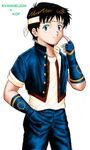  blue_eyes brown_hair cosplay fingerless_gloves gloves hand_in_pocket headband ikari_shinji lowres male_focus neon_genesis_evangelion parody snk solo the_king_of_fighters yabuki_shingo yabuki_shingo_(cosplay) 