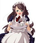  apron blush bonnet bow brown_hair glasses green_eyes long_hair maid original solo tray waitress yamazaki_kazu 