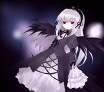  bow dress flower hairband long_hair purple_eyes rose rozen_maiden sakaki_chihiro solo suigintou white_hair wings 