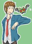  artist_request bat bat_wings belt blazer brown_eyes brown_hair collared_shirt crossover jacket kamen_rider kamen_rider_kiva_(series) kita_high_school_uniform kivat-bat_iii kyon male_focus necktie school_uniform seiyuu_connection shirt solo sugita_tomokazu suzumiya_haruhi_no_yuuutsu wings 