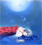  blue blue_eyes blue_hair bug butterfly deviantart_sample furude_rika hakama higurashi_no_naku_koro_ni image_sample insect japanese_clothes long_hair looking_at_viewer lying miko moon pants rabi-chan red_hakama red_pants solo water 