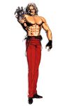  cable cyborg fingerless_gloves gloves heterochromia highres male_focus mechanical_arm mori_toshiaki official_art omega_rugal robot_joints rugal_bernstein shirtless silver_hair snk solo the_king_of_fighters the_king_of_fighters_'95 