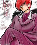  artist_request cravat formal hair_over_one_eye male_focus red_hair sitting snk solo suit the_king_of_fighters yagami_iori 