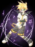  bat_wings beamed_eighth_notes beamed_sixteenth_notes blonde_hair cosplay eighth_note flat_sign green_eyes kagamine_len kagamine_len_(cosplay) lee_byung_hee male_focus music musical_note natural_sign pangya quarter_note sharp_sign solo vocaloid wings 