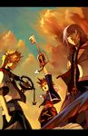  blonde_hair blue_eyes closed_eyes cloud key keyblade kingdom_hearts kingdom_hearts_ii male_focus multiple_boys riku robert_kim roxas sky sora_(kingdom_hearts) weapon zipper 