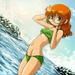  bikini blue_eyes day dd_(ijigendd) glasses long_hair navel ocean orange_hair original ribs solo swimsuit water 