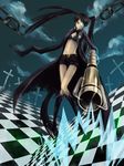  arm_cannon bad_id bad_pixiv_id black_hair black_rock_shooter black_rock_shooter_(character) blue_eyes chain cross gun latin_cross long_hair midriff shimamu short_shorts shorts solo twintails weapon 