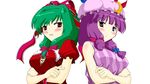  bad_id bad_pixiv_id bow front_ponytail green_hair hat kagiyama_hina multiple_girls patchouli_knowledge pink_bow purple_hair ribbon touhou tsuki_hana 